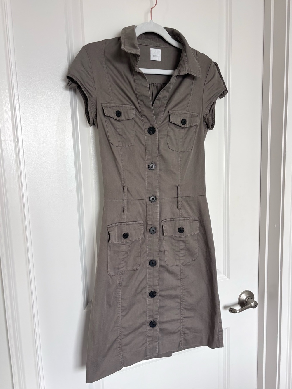 Camaieu Utility Shirt Dress Taupe Button Front Safari Dress Small